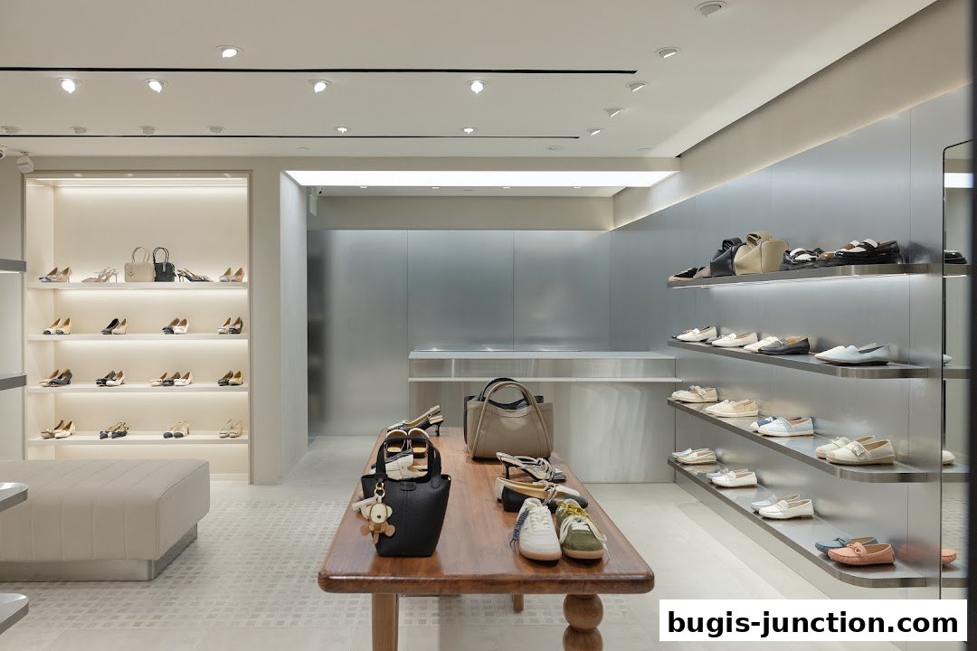 Interior of a modern shoe store displaying various styles of women's shoes and handbags.