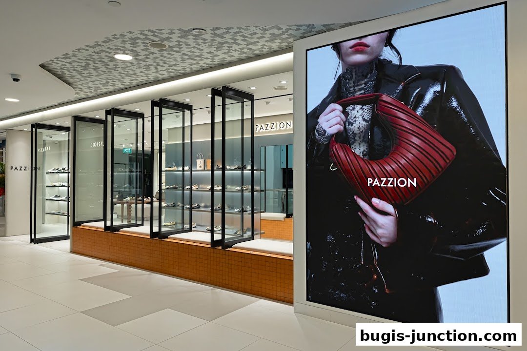 The PAZZION Bugis Junction shoe store features a modern display of footwear and a large digital advertisement.