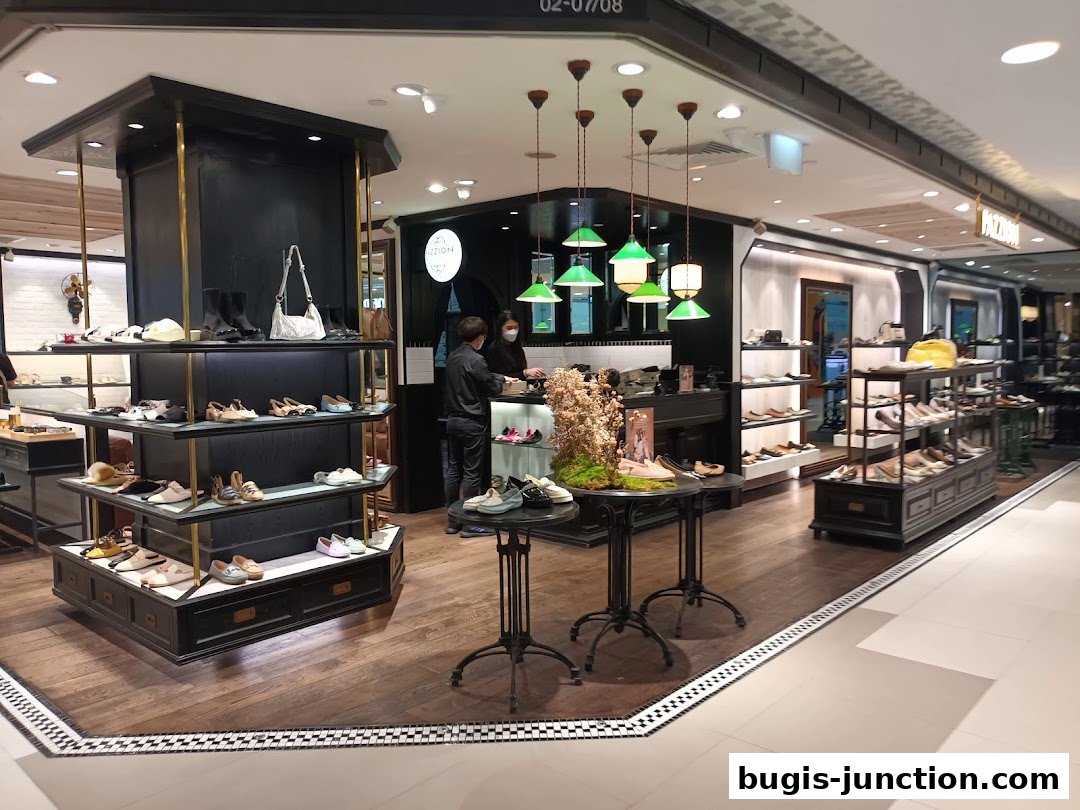 Interior view of a stylish shoe store with various footwear displayed on shelves and racks.