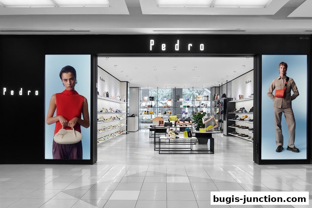 The entrance of a Pedro shoe and accessory store with fashion displays.