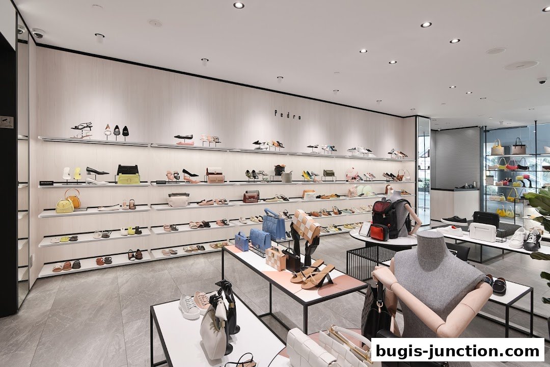Interior view of a Pedro shoe and handbag store showcasing a wide selection of footwear and accessories.