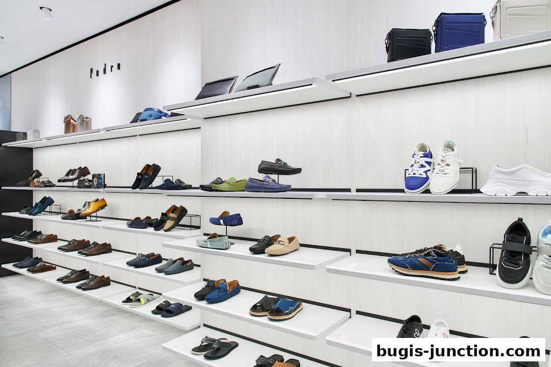 A well-lit shoe store interior showcasing a wide variety of men's footwear on display shelves.