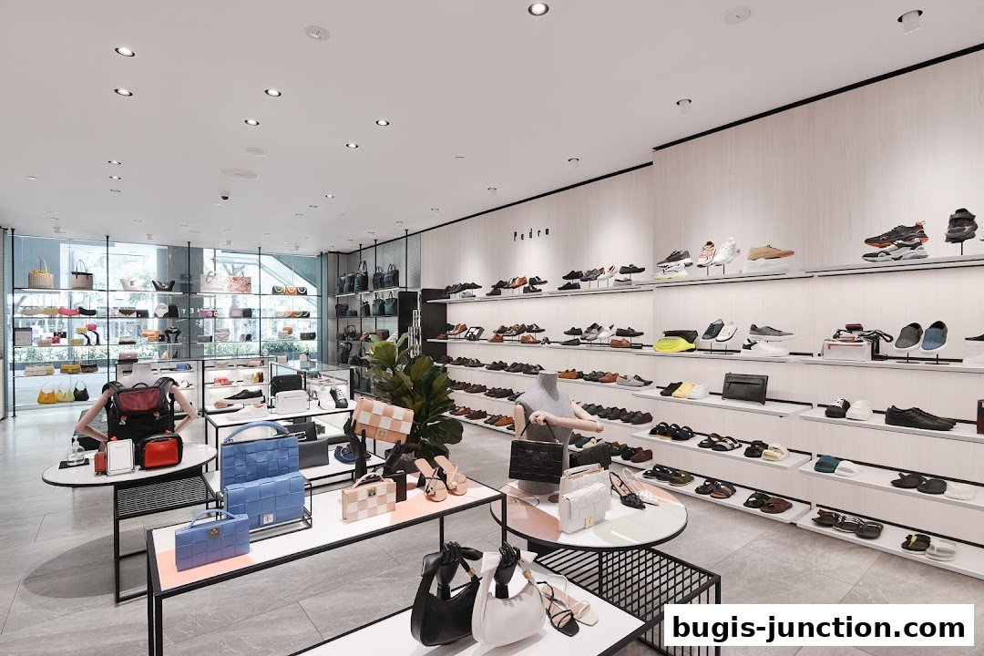 Interior view of a Pedro store showcasing a wide selection of shoes and handbags on display.