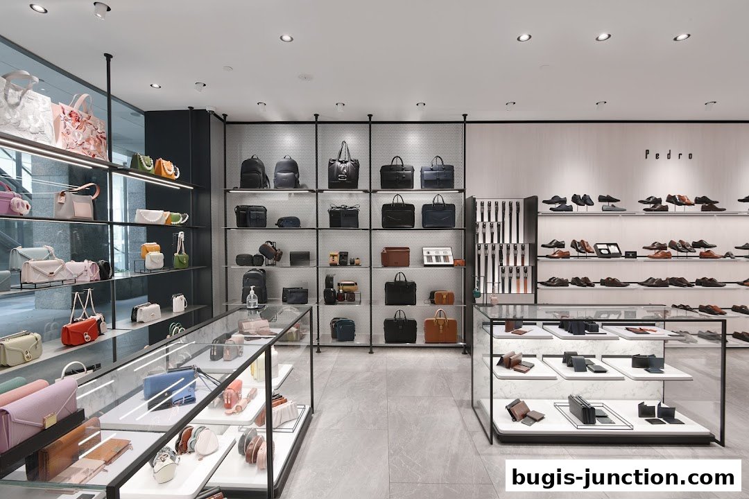 Interior view of a PEDRO store showcasing a wide selection of handbags and shoes.
