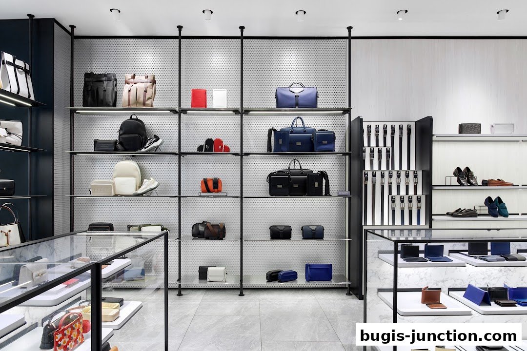 Interior view of a modern retail store showcasing a variety of bags, shoes, and accessories.