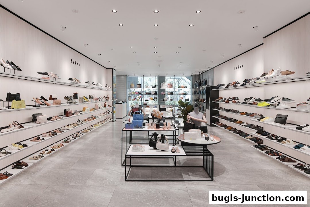 Interior view of a well-lit shoe and handbag store with products displayed on shelves.