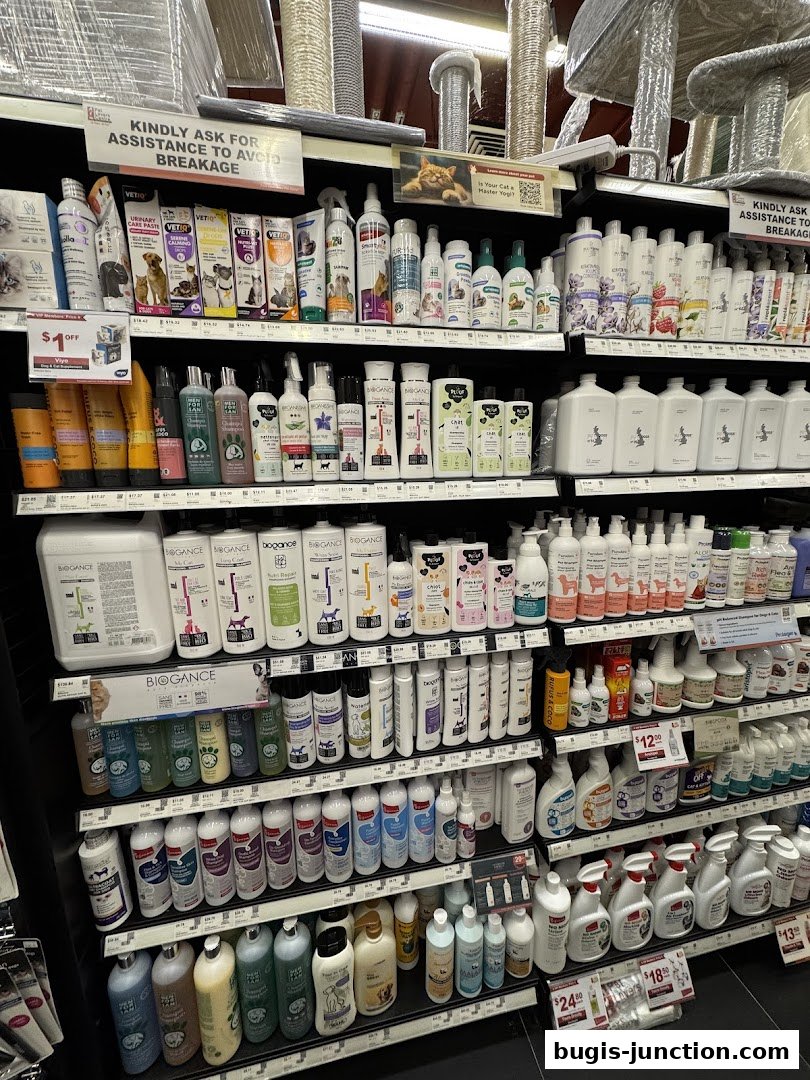 Shelves stocked with various pet grooming and cleaning products, including shampoos and sprays.