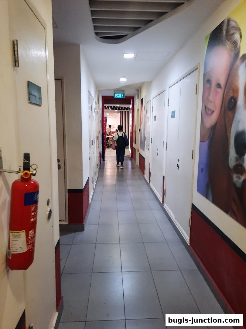 A hallway with doors and a large poster of a girl and a dog on the right.
