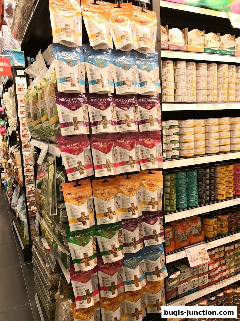 A display of various pet food products, including bags of treats and cans of wet food.
