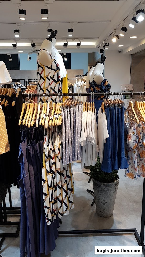 Mannequins and racks of stylish women's clothing displayed in a well-lit store.