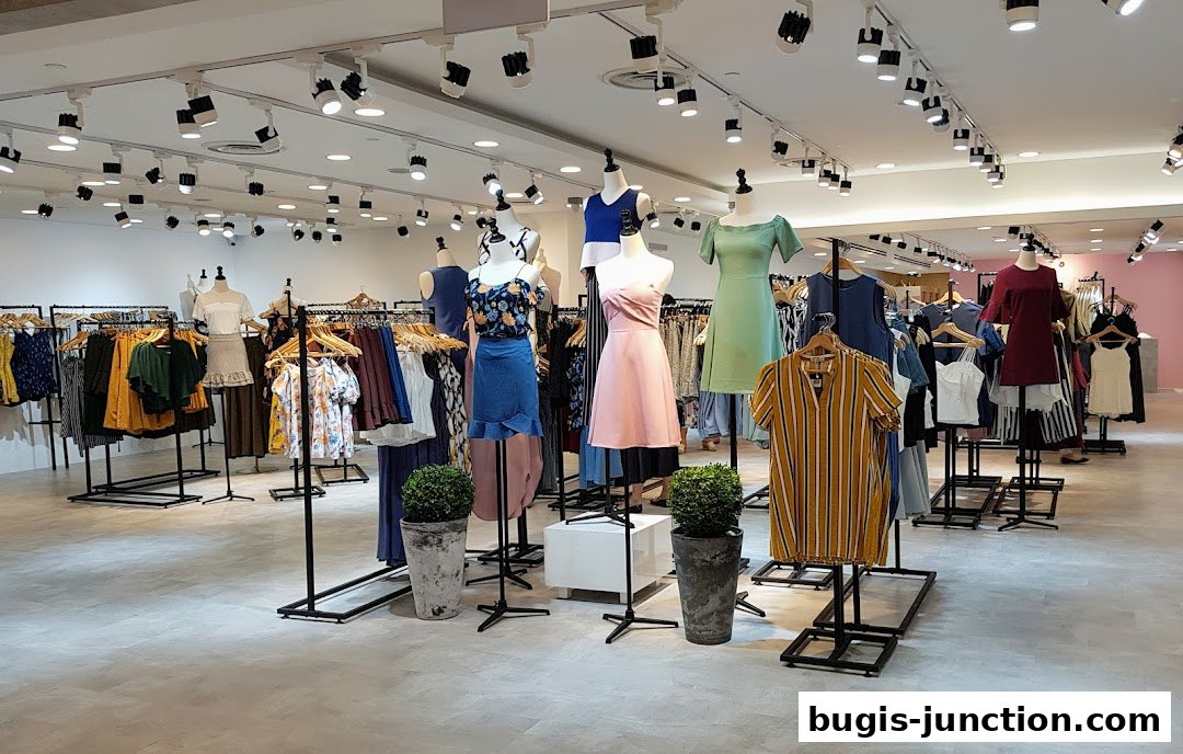 Interior view of a clothing store with mannequins displaying dresses and racks of apparel.