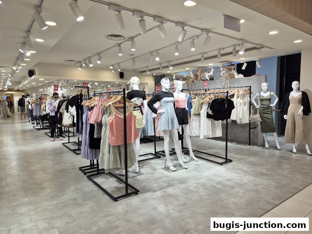 Interior view of a clothing store with mannequins displaying outfits and racks of apparel.