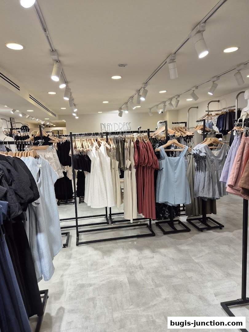 Interior view of a clothing store with racks of dresses and apparel.