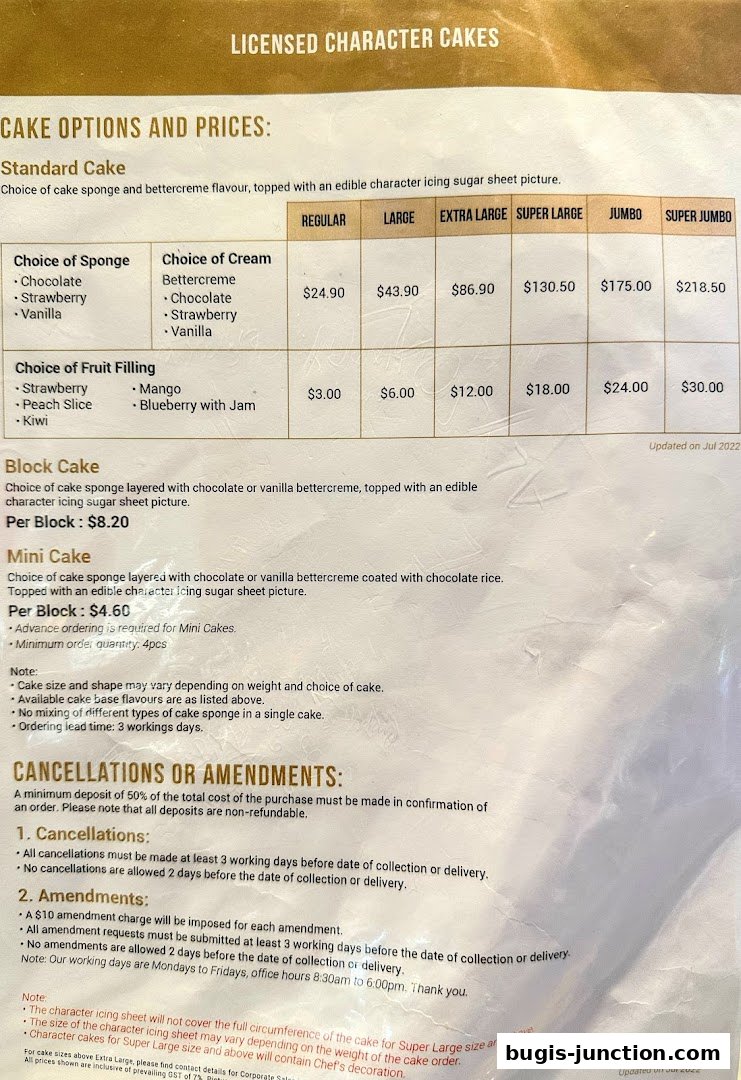 A menu detailing cake options, prices, and cancellation policies for licensed character cakes.