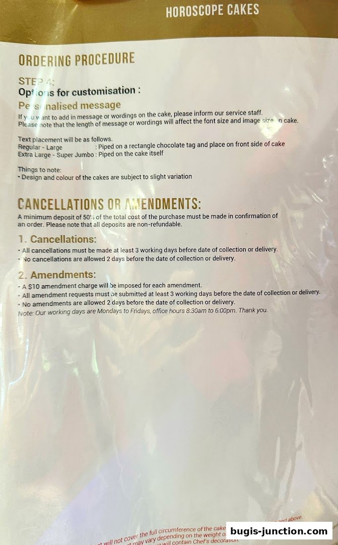 A document detailing ordering procedures, customization options, and cancellation policies for Horoscope Cakes.