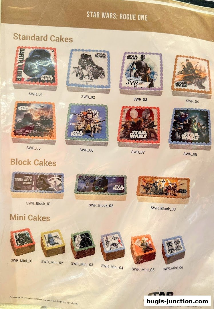 A catalog of Star Wars themed cakes, including standard, block, and mini sizes.