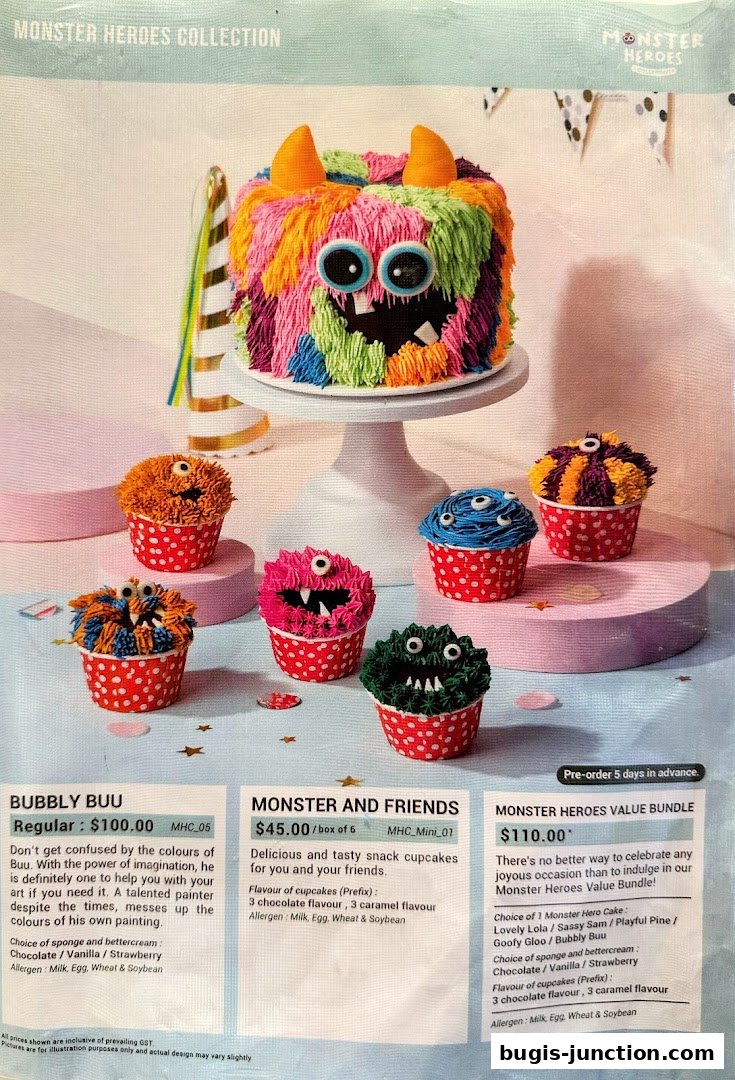 A colorful cake and cupcakes with monster designs, presented for a collection.