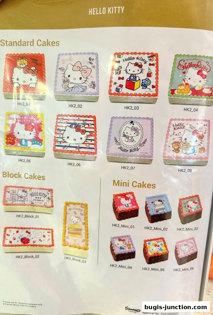 A menu showcasing various Hello Kitty themed cakes, including standard, block, and mini sizes.