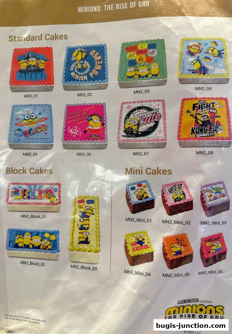 A catalog of Minions-themed cakes, including standard, block, and mini sizes.