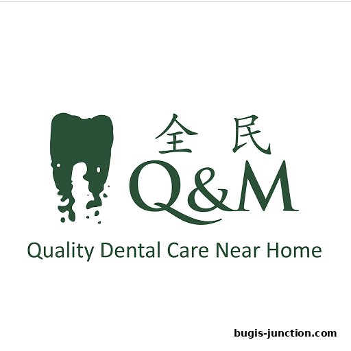 Logo for Q & M Dental Centre featuring a tooth graphic and company name.