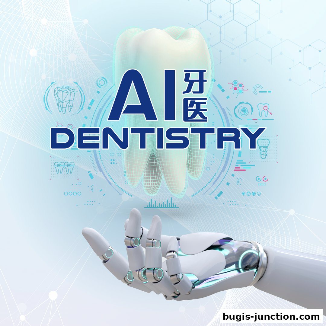 A robotic hand presents a stylized tooth with 'AI DENTISTRY' text.