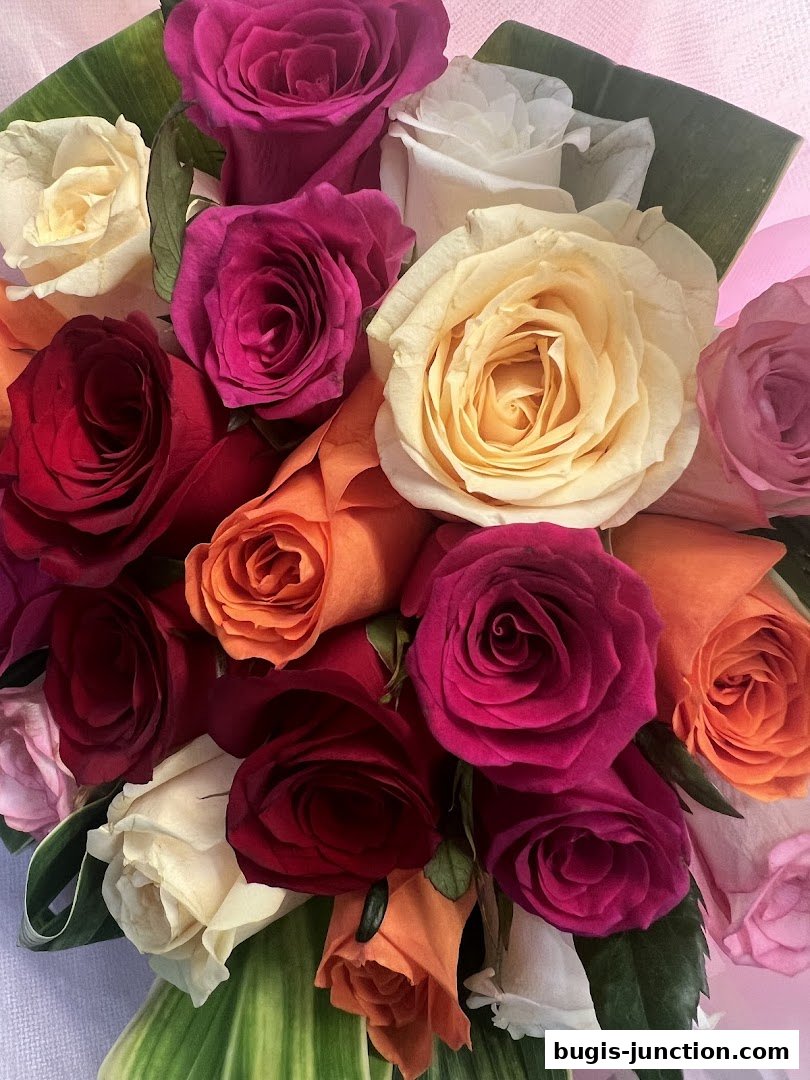 A vibrant bouquet of multi-colored roses, including deep red, fuchsia, cream, and orange.