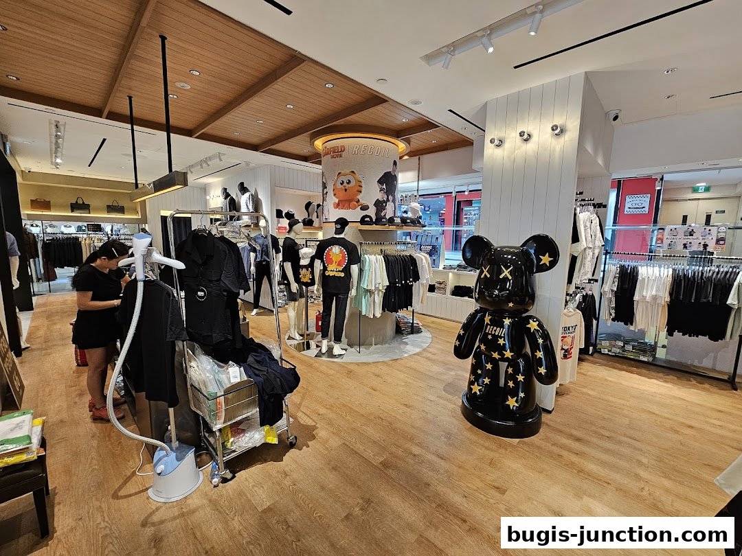 Interior view of a stylish clothing store with mannequins, clothing racks, and a large decorative bear.
