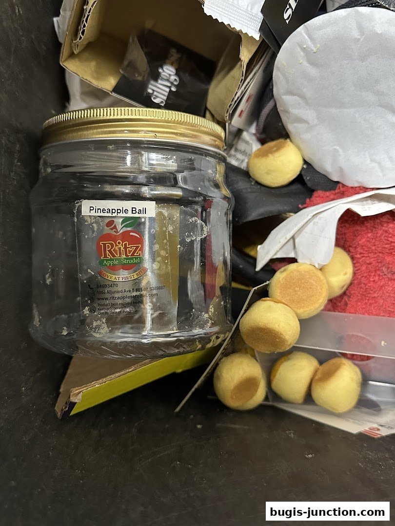 A jar labeled 'Pineapple Ball' from Ritz Apple Strudel with small pastries nearby.