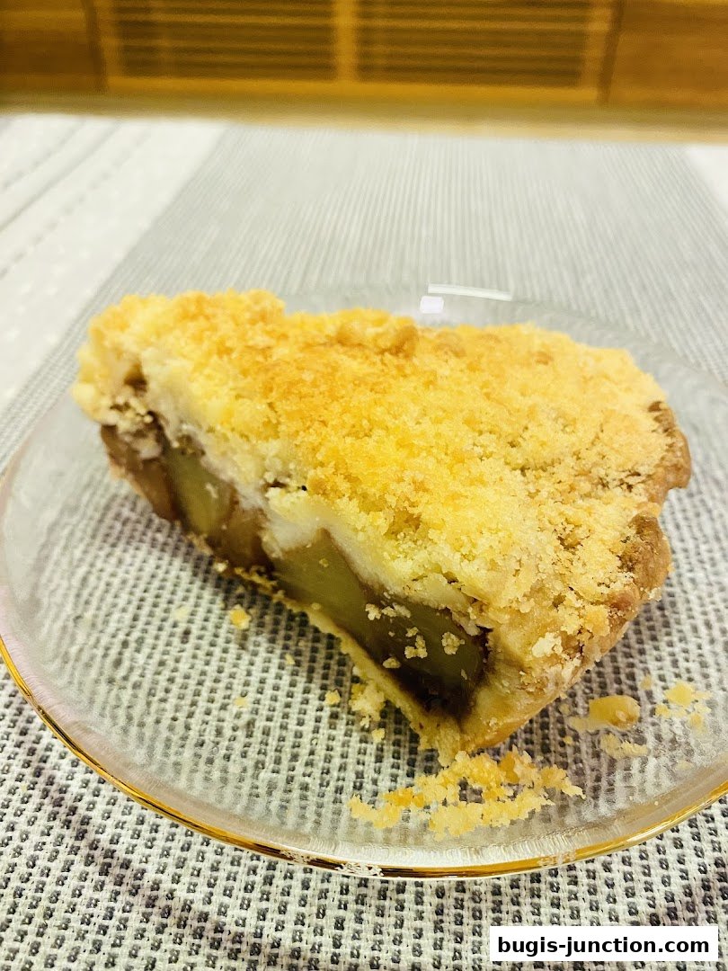 A delicious slice of apple strudel with a crumbly topping on a glass plate.