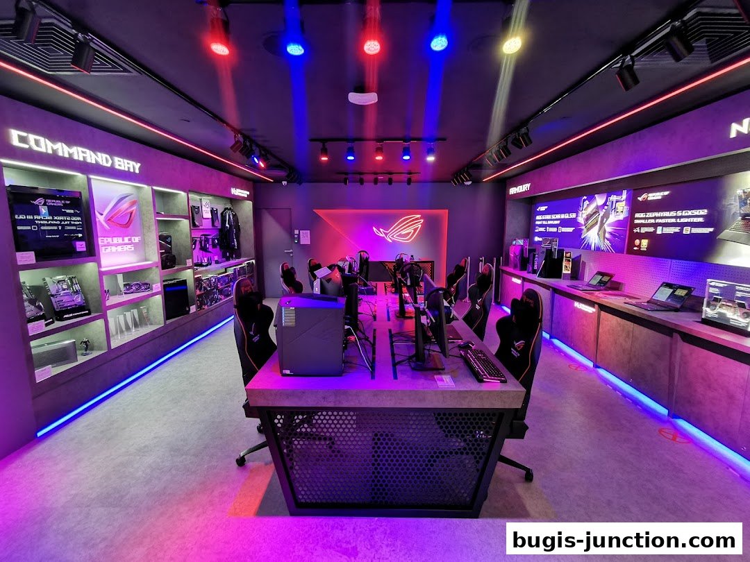 Interior of a ROG Experience Store with gaming setups and product displays.