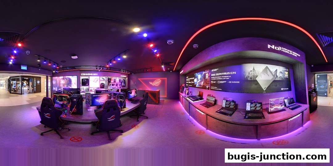 Interior of a ROG Experience Store with gaming setups and product displays.