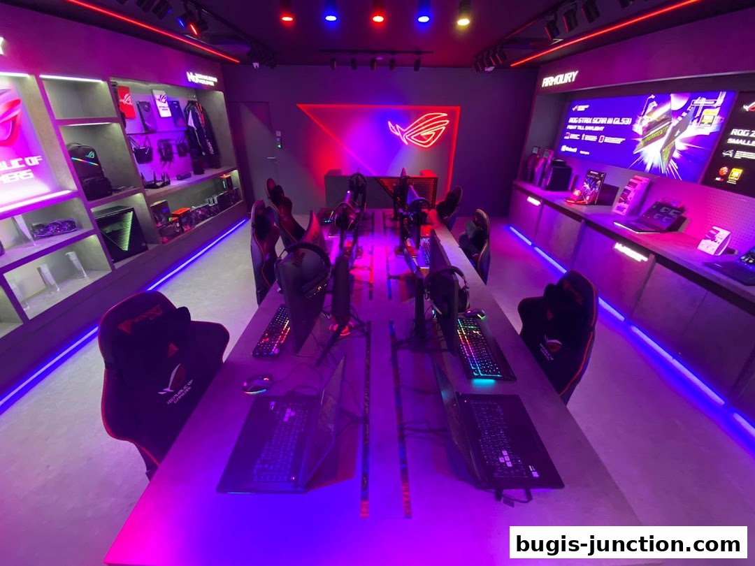 Interior of a ROG Experience Store with gaming setups and merchandise on display.