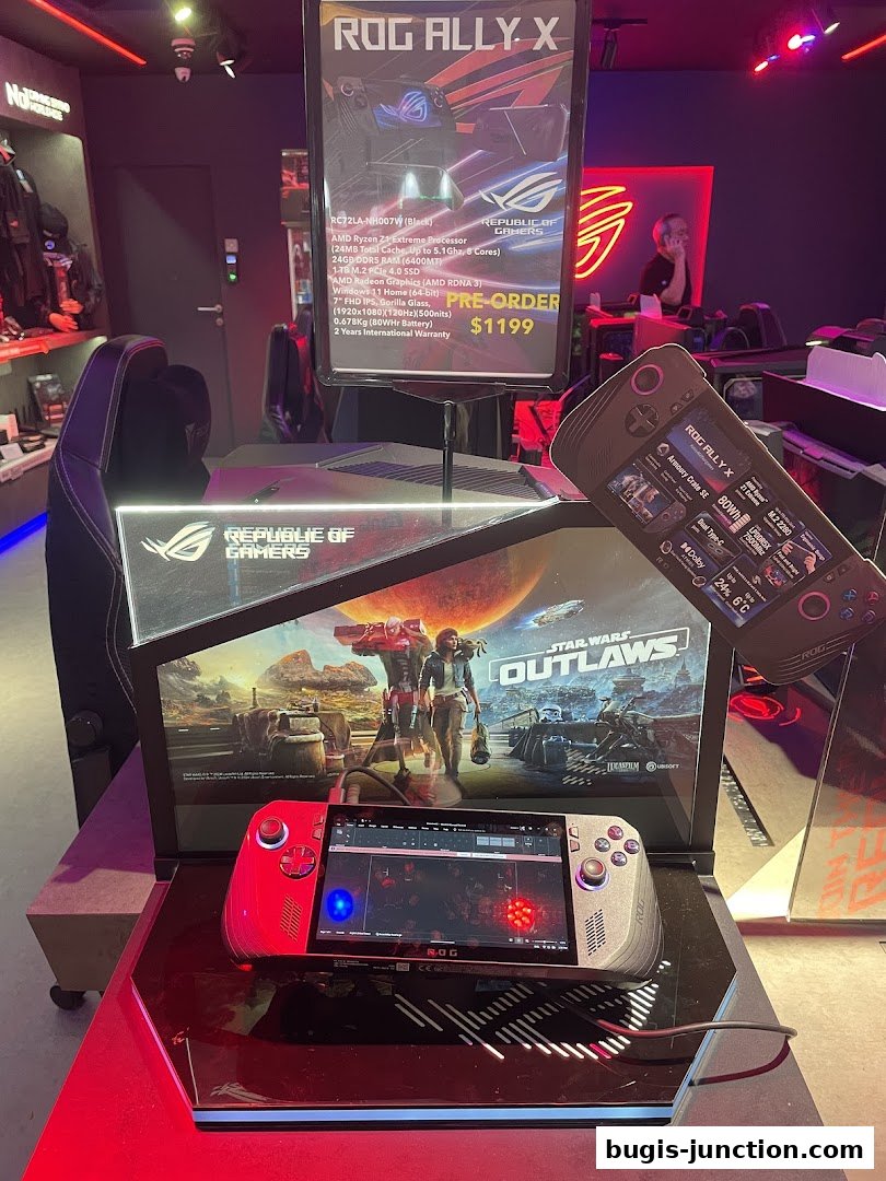 ROG Ally X handheld gaming device displayed with promotional materials and gaming chair.