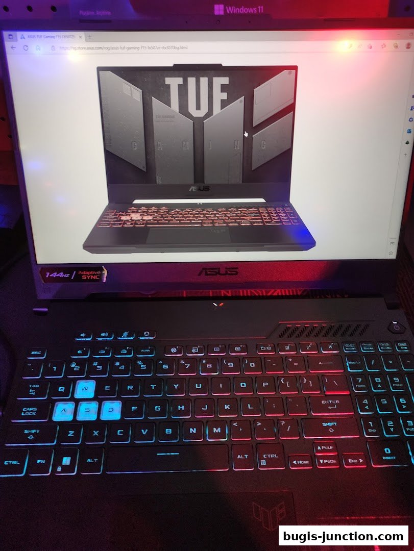 A close-up view of an ASUS TUF Gaming laptop displaying its product page.