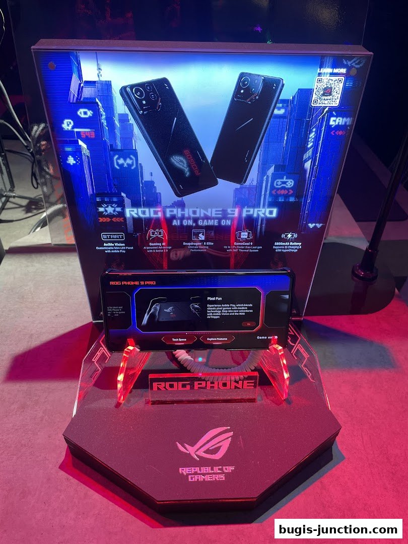 A display showcasing the ROG Phone 9 Pro with its features highlighted.