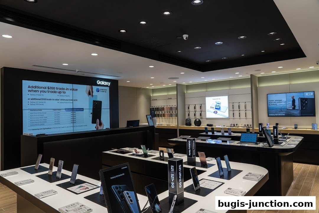 Interior of a Samsung Experience Store showcasing various Galaxy smartphones and trade-in offers.