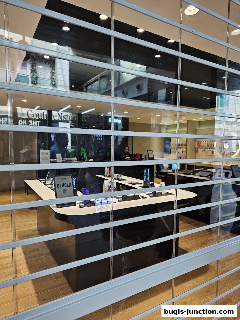Inside a Samsung Experience Store with display tables showcasing phones and accessories.