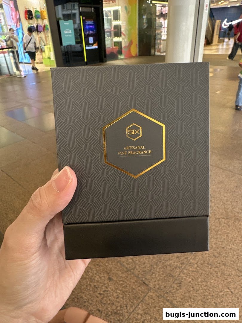 A hand holds a grey box with gold hexagonal pattern and 'SIX ARTISANAL FINE FRAGRANCE' text.