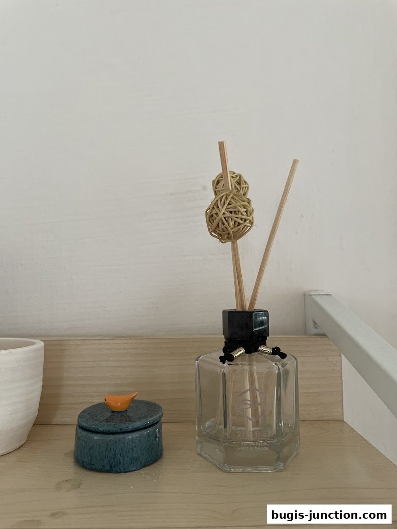 A glass diffuser with reeds and a decorative trinket box on a wooden shelf.