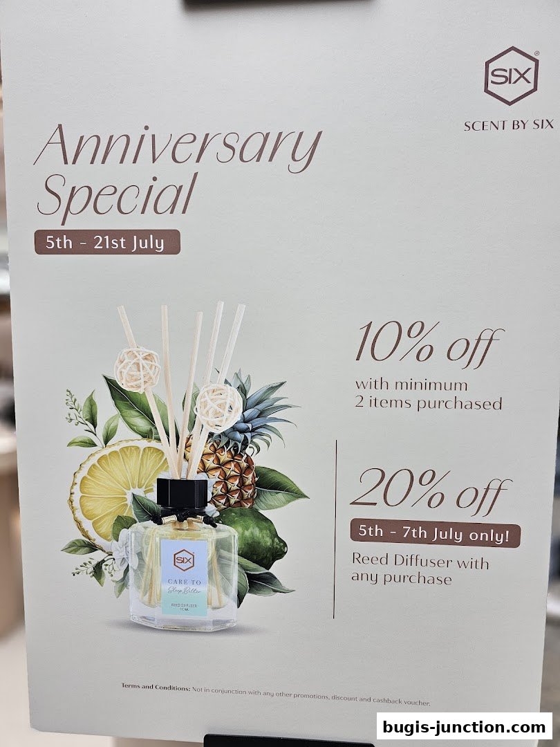 An advertisement for Scent by SIX's Anniversary Special with discounts on reed diffusers.