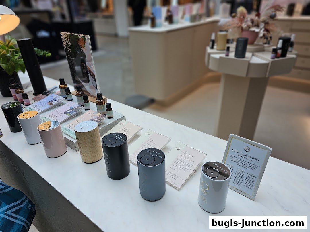 A display of aroma diffusers and essential oils at Scent by SIX Bugis Junction.