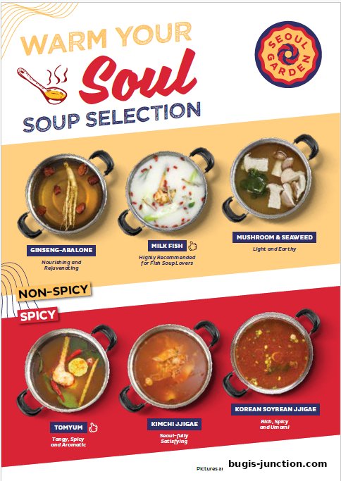 A menu showcasing Seoul Garden's soup selection with descriptions and categories.