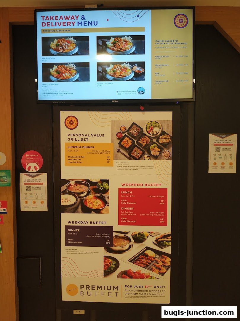 A digital menu board displaying various Korean dishes and buffet options from Seoul Garden.