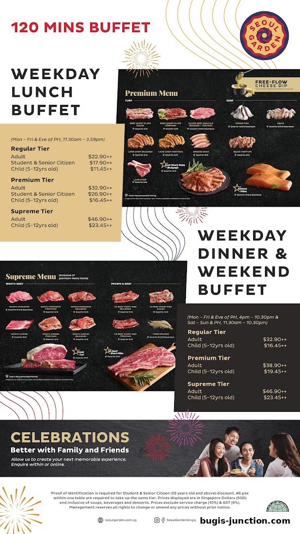 Seoul Garden offers weekday lunch, dinner, and weekend buffet menus with various meat and seafood options.