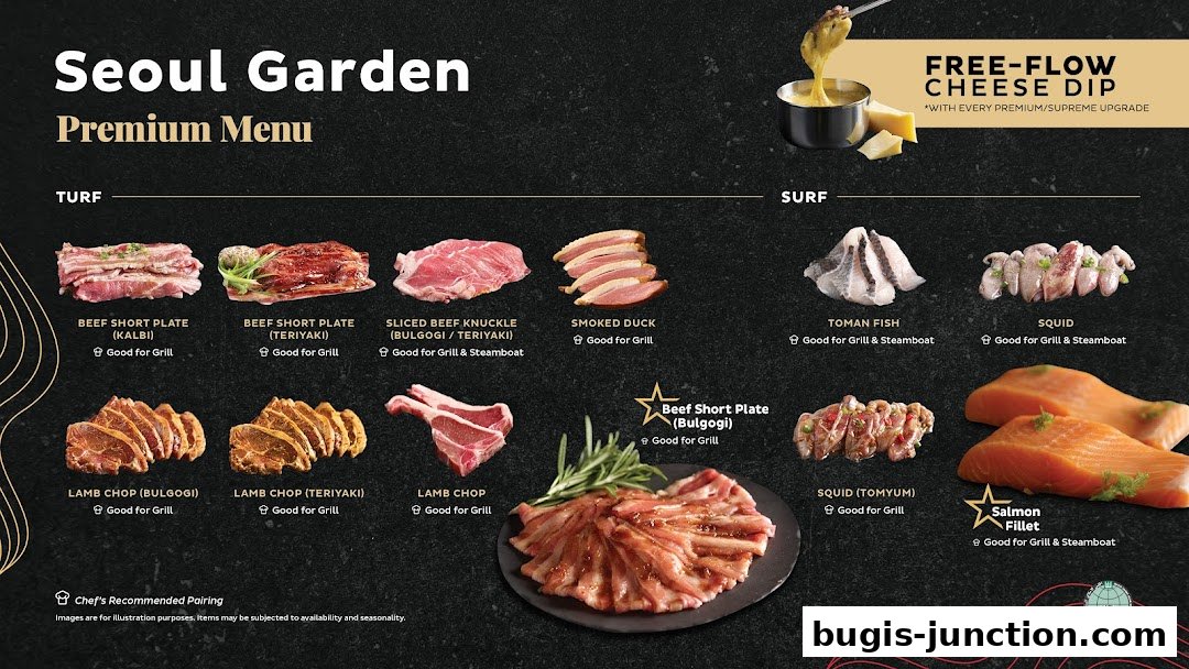Seoul Garden Premium Menu showcasing various meat and seafood dishes for grilling and steamboat.