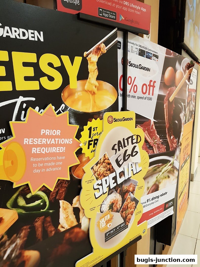 Promotional posters for Seoul Garden featuring cheesy and salted egg specials.