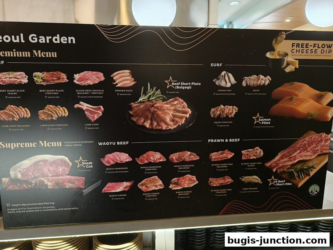 A menu board for Seoul Garden showcasing various premium beef, lamb, seafood, and duck options.