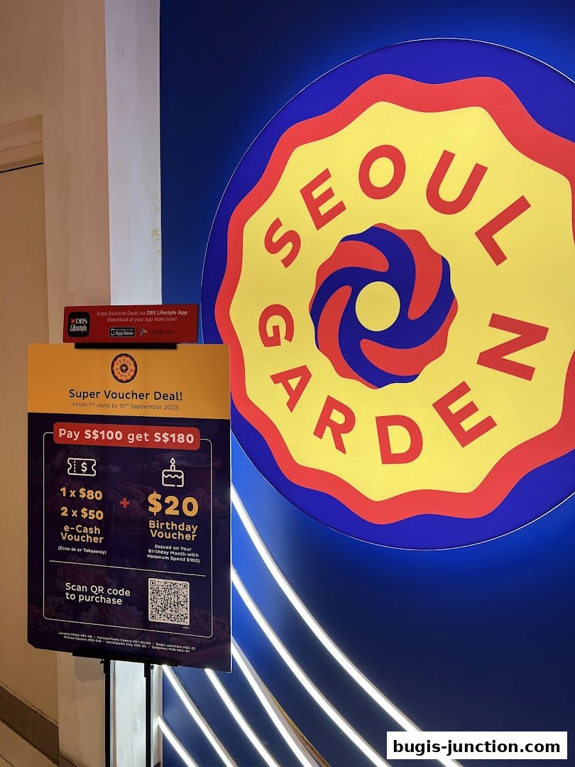 A promotional sign for Seoul Garden offering a super voucher deal with e-cash and birthday vouchers.