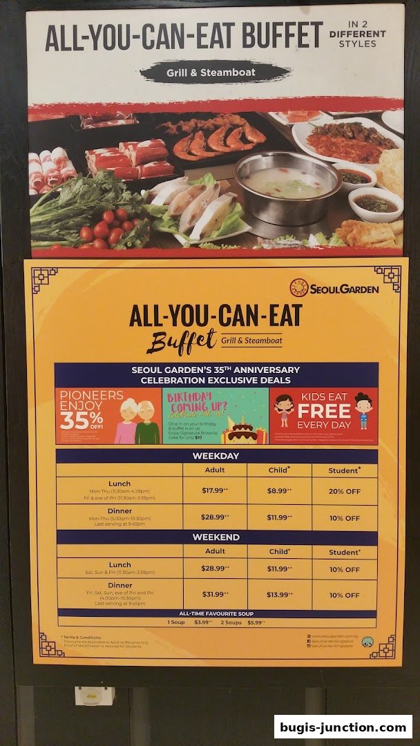 A menu board for Seoul Garden's All-You-Can-Eat Grill & Steamboat buffet with pricing and special offers.
