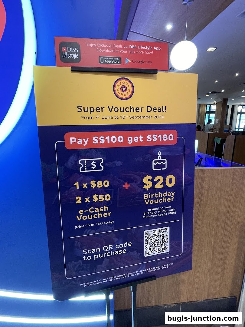 A promotional poster for Seoul Garden's Super Voucher Deal offering S$180 value for S$100.